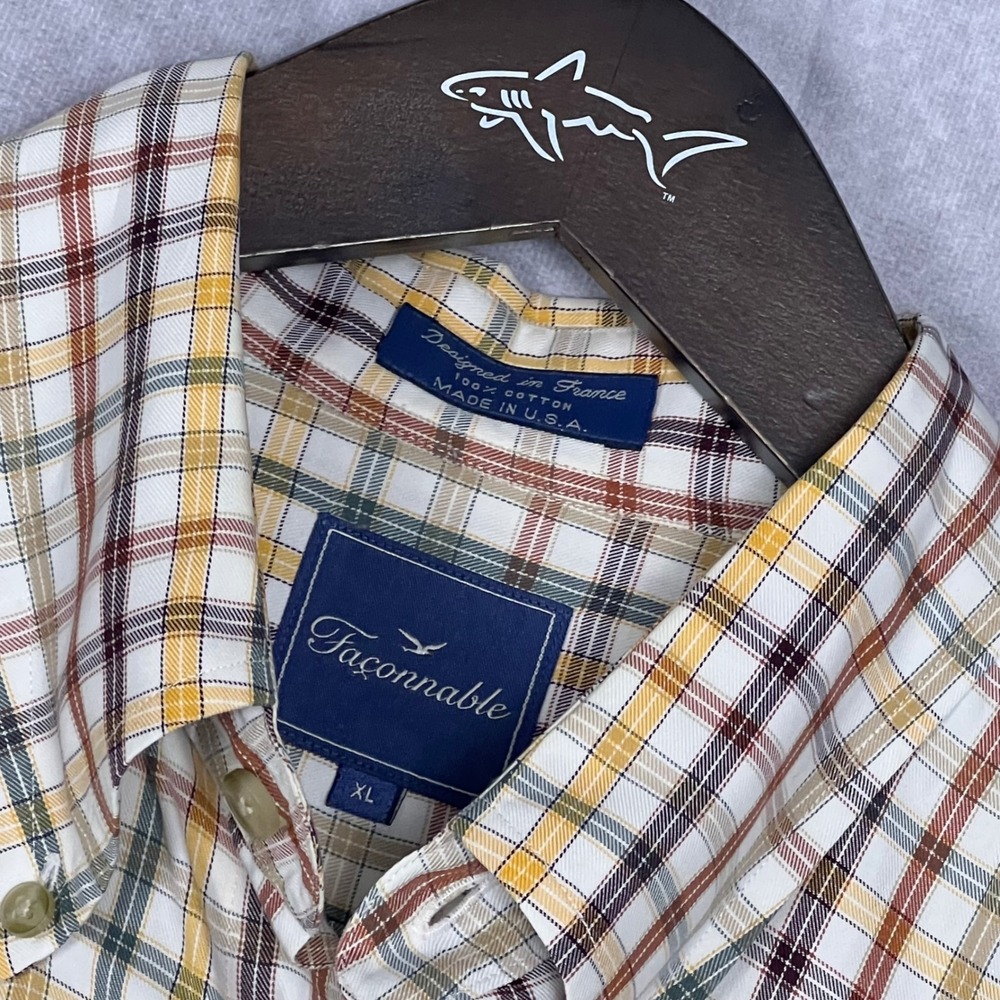 Faconnable Button Down Shirt Mens XL Yellow Brown Plaid Excellent Made in USA